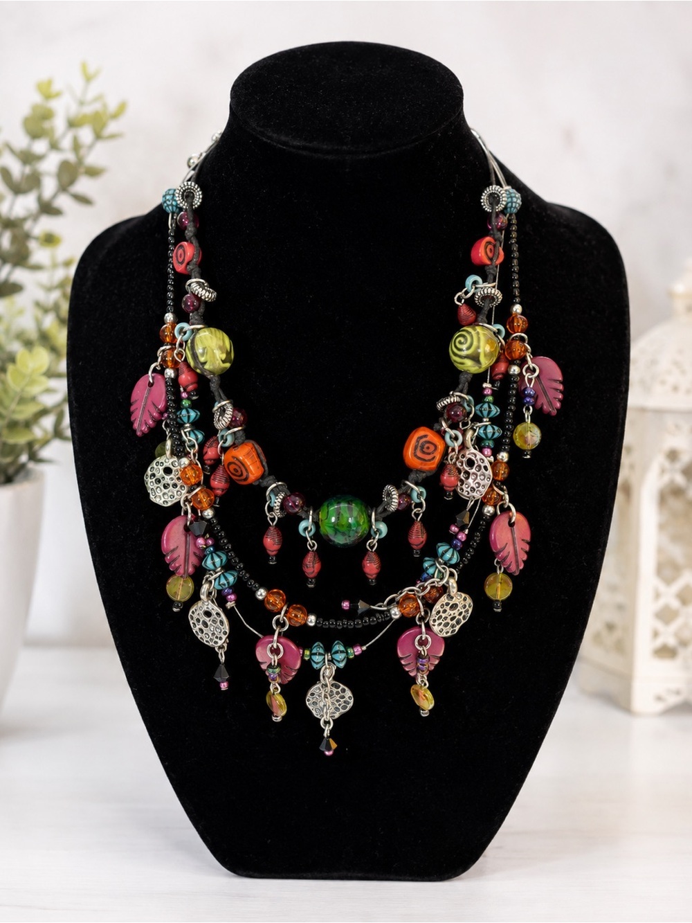 Treska Multicolor Beaded Layered Statement Necklace Boho Artisan Style
